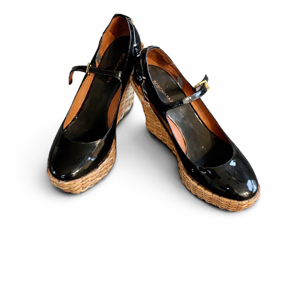 BCBGMAXAZRIA Black Patent Mary Jane Wedge Espadrille Platform Heels Women’s 7.5B